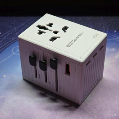 EZQuest WorldTravel 65W GaN 5-Port Wall Charger with international plugs extended.