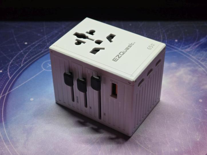 EZQuest WorldTravel 65W GaN 5-Port Wall Charger with international plugs extended.